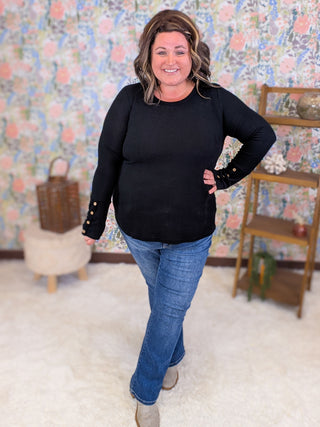 Greta Ribbed Pullover w/Button Sleeve Accents