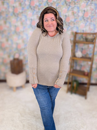 Greta Ribbed Pullover w/Button Sleeve Accents