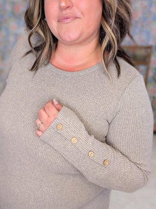 Greta Ribbed Pullover w/Button Sleeve Accents
