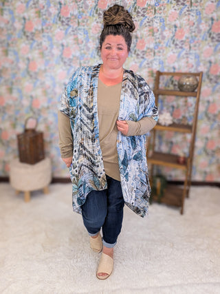 Terri Abstract + Botanical Kimono in Blue + Mocha Mix