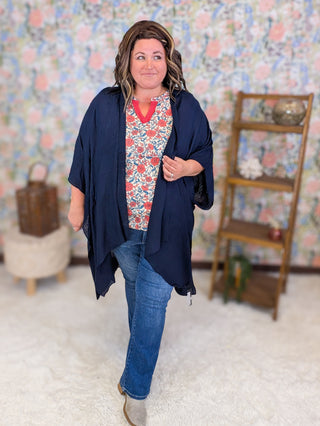 Martina Textured Stripe Solid Kimono in Deep Navy