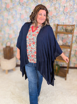 Martina Textured Stripe Solid Kimono in Deep Navy