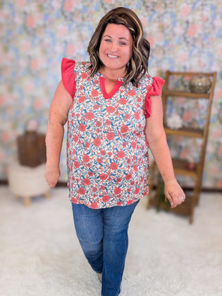 Eden Flutter Sleeve Floral Top in Red & Blue Mix