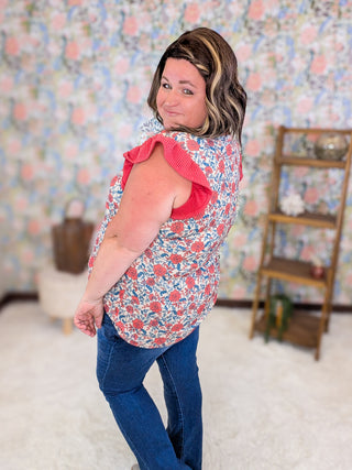 Eden Flutter Sleeve Floral Top in Red & Blue Mix