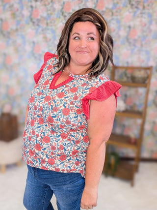 Eden Flutter Sleeve Floral Top in Red & Blue Mix