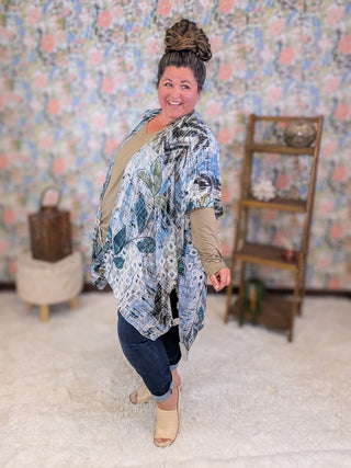 Terri Abstract + Botanical Kimono in Blue + Mocha Mix