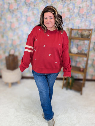 Jessica Embroidered Football Red Scuba Pullover
