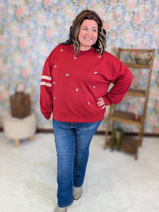 Jessica Embroidered Football Red Scuba Pullover
