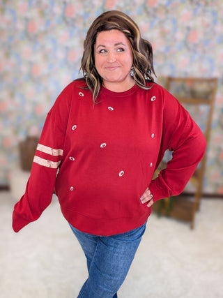 Jessica Embroidered Football Red Scuba Pullover