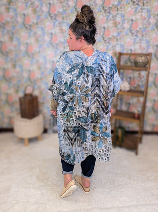 Terri Abstract + Botanical Kimono in Blue + Mocha Mix
