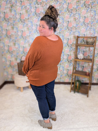 Hailey Ribbed Long Sleeve Top w/Kangaroo Pocket in Copper