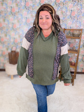 Lindsay Floral & Olive Ribbed Vneck Pullover