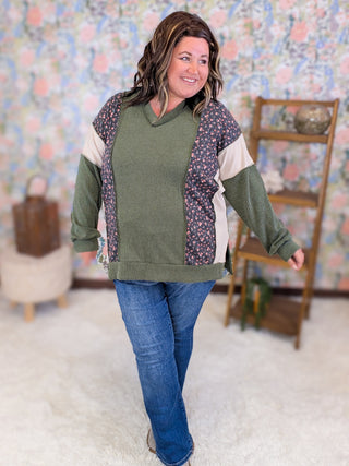 Lindsay Floral & Olive Ribbed Vneck Pullover