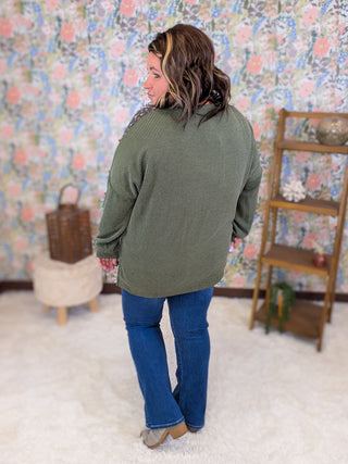 Lindsay Floral & Olive Ribbed Vneck Pullover