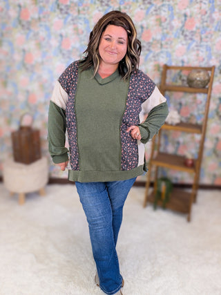Lindsay Floral & Olive Ribbed Vneck Pullover