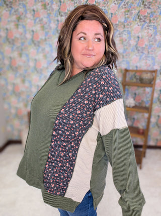 Lindsay Floral & Olive Ribbed Vneck Pullover