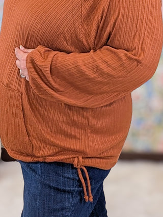 Hailey Ribbed Long Sleeve Top w/Kangaroo Pocket in Copper