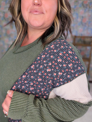 Lindsay Floral & Olive Ribbed Vneck Pullover