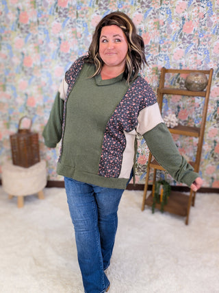 Lindsay Floral & Olive Ribbed Vneck Pullover