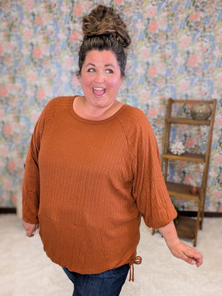 Hailey Ribbed Long Sleeve Top w/Kangaroo Pocket in Copper
