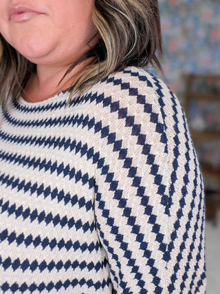 Cindee Boatneck Knit Top in Taupe + Navy Diamond Print