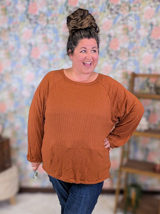 Hailey Ribbed Long Sleeve Top w/Kangaroo Pocket in Copper