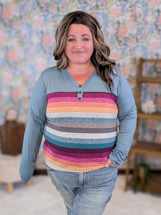 Belle Tea Stain Stripe Long Sleeve Henley Top