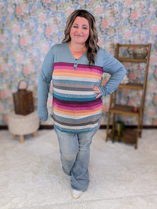 Belle Tea Stain Stripe Long Sleeve Henley Top
