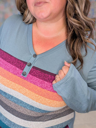 Belle Tea Stain Stripe Long Sleeve Henley Top