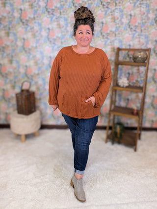Hailey Ribbed Long Sleeve Top w/Kangaroo Pocket in Copper