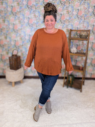 Hailey Ribbed Long Sleeve Top w/Kangaroo Pocket in Copper