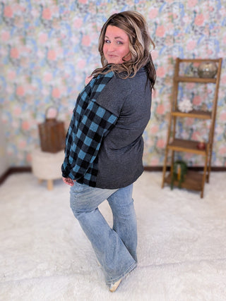 Lillian Buttondown Shirket in Charcoal + Teal Plaid