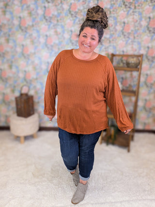 Hailey Ribbed Long Sleeve Top w/Kangaroo Pocket in Copper