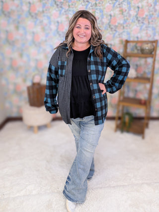 Lillian Buttondown Shirket in Charcoal + Teal Plaid