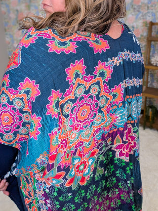 Ellie Bright Mix Bold Print Kimono on Navy