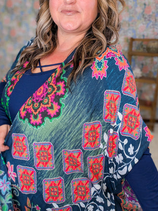 Ellie Bright Mix Bold Print Kimono on Navy