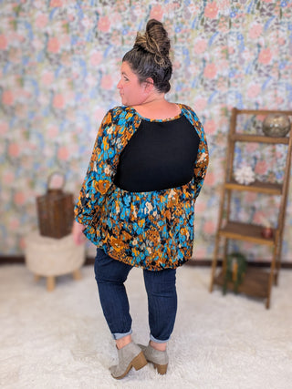 Milana Long Sleeve Babydoll in Black, Gold & Turquoise