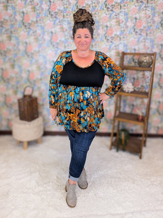 Milana Long Sleeve Babydoll in Black, Gold & Turquoise