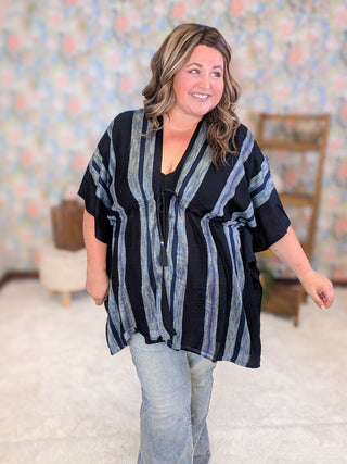 Elyse Black Textured Blue Stripe Kimono w/Waist Tie