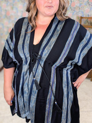 Elyse Black Textured Blue Stripe Kimono w/Waist Tie