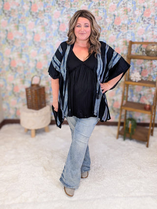 Elyse Black Textured Blue Stripe Kimono w/Waist Tie