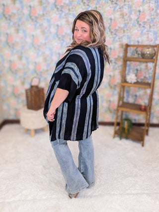 Elyse Black Textured Blue Stripe Kimono w/Waist Tie