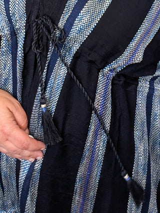 Elyse Black Textured Blue Stripe Kimono w/Waist Tie