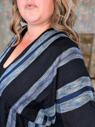 Elyse Black Textured Blue Stripe Kimono w/Waist Tie