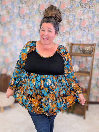 Milana Long Sleeve Babydoll in Black, Gold & Turquoise