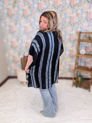 Elyse Black Textured Blue Stripe Kimono w/Waist Tie