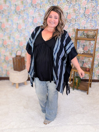 Elyse Black Textured Blue Stripe Kimono w/Waist Tie