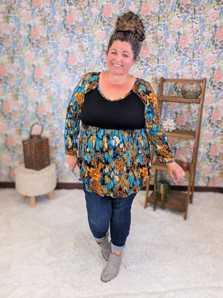 Milana Long Sleeve Babydoll in Black, Gold & Turquoise