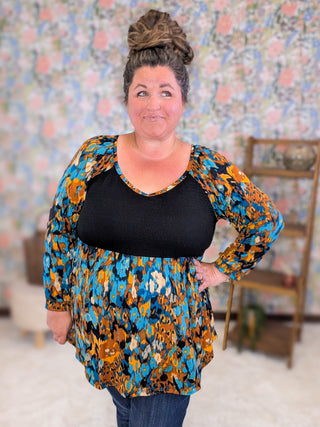Milana Long Sleeve Babydoll in Black, Gold & Turquoise