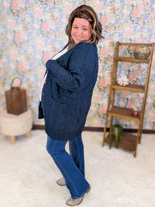 Brooke Textured Sweater Cardigan w/Oversized Buttons in Navy